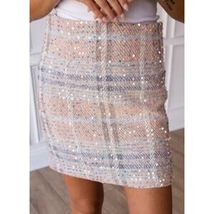 NWT Grace + Emma Women's Pink Plaid Sequin Mini Skirt Size L